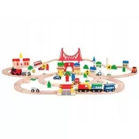 Joc circuit din lemn cu trenulet si masinute 90 piese Ecotoys