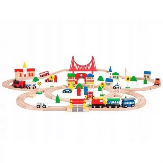 Joc circuit din lemn cu trenulet si masinute 90 piese Ecotoys Joc circuit din lemn cu trenulet si masinute 90 piese Ecotoys