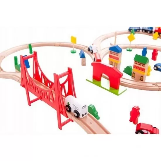 Joc circuit din lemn cu trenulet si masinute 90 piese Ecotoys Joc circuit din lemn cu trenulet si masinute 90 piese Ecotoys