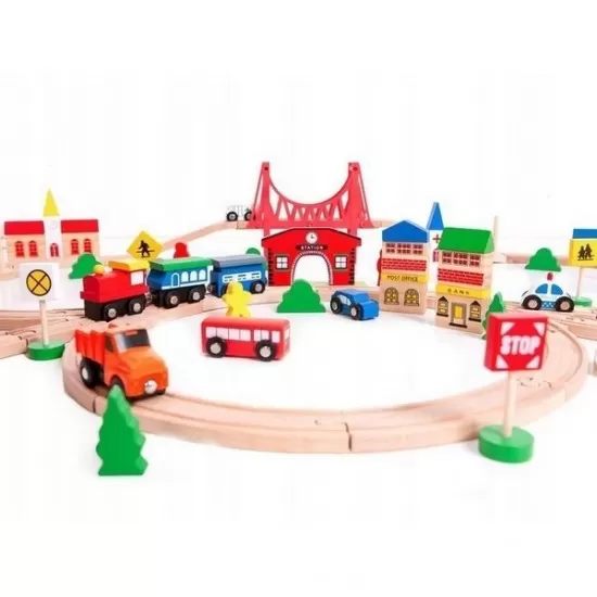 Joc circuit din lemn cu trenulet si masinute 90 piese Ecotoys Joc circuit din lemn cu trenulet si masinute 90 piese Ecotoys