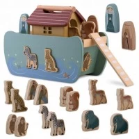 Jucarie educativa Arca lui Noe din lemn cu animalute, 17.5 x 13.5 x 20 cm, Nukido