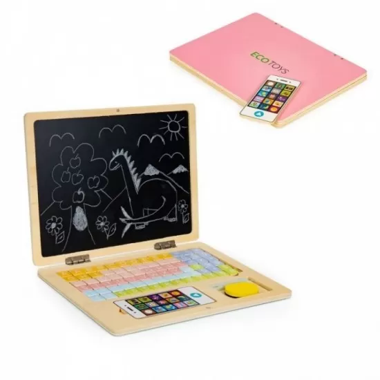 Laptop educational din lemn cu magnet si taste din lemn Ecotoys G068 - Roz Laptop educational din lemn cu magnet si taste din lemn Ecotoys G068 - Roz
