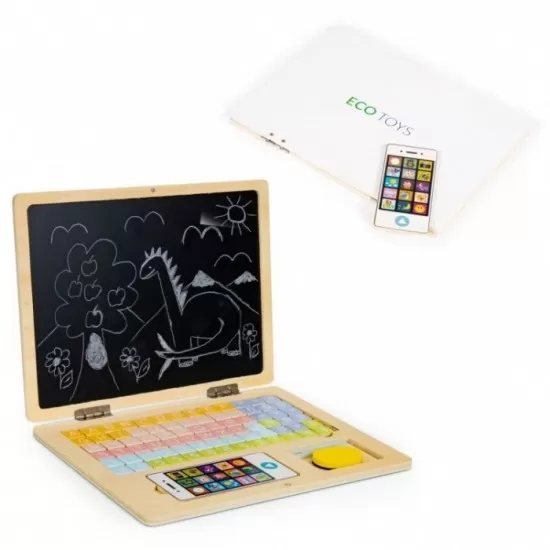 Laptop educational din lemn cu magnet si taste din lemn Ecotoys G068 - Alb Laptop educational din lemn cu magnet si taste din lemn Ecotoys G068 - Alb