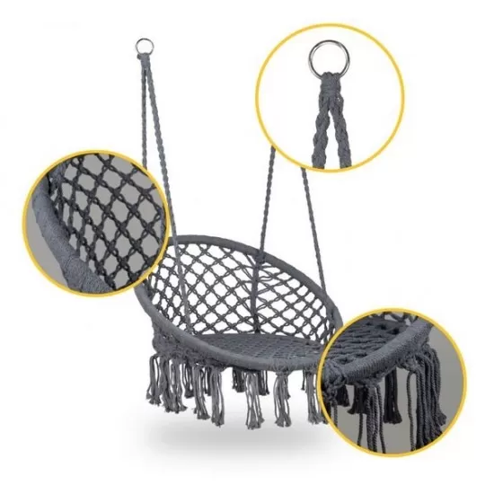 Leagan suspendat pentru interior/exterior, cu spatar, cuib de barza, gri, GW-076 Leagan suspendat pentru interior/exterior, cu spatar, cuib de barza, gri, GW-076