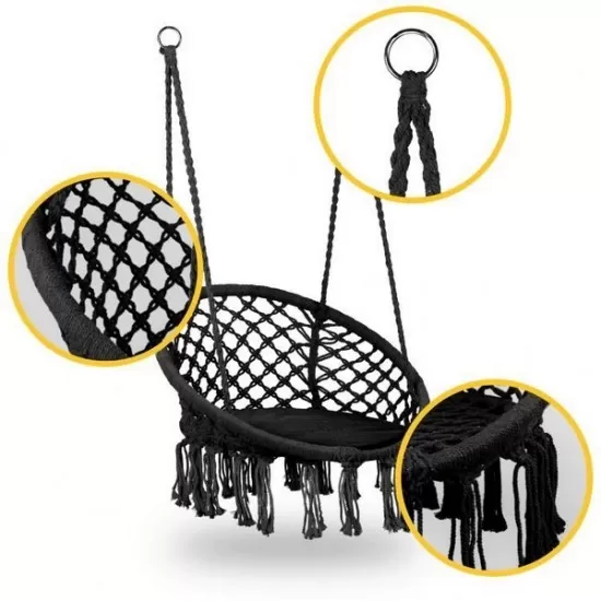 Leagan suspendat pentru interior/exterior, cu spatar si perna, cuib de barza, negru, GW-076B Leagan suspendat pentru interior/exterior, cu spatar si perna, cuib de barza, negru, GW-076B