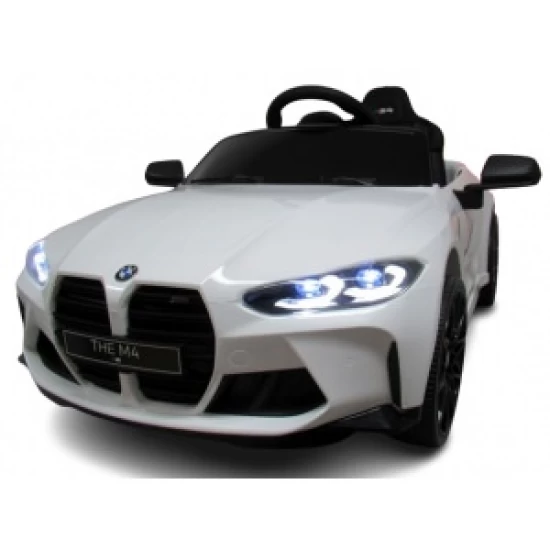 Masinuta electrica cu telecomanda BMW M4, 110x70x50 cm, varsta 1-5 ani, roti EVA, scaun din piele ECO, putere 90W - Alb