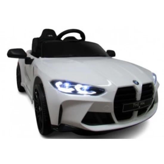 Masinuta electrica cu telecomanda BMW M4, 110x70x50 cm, varsta 1-5 ani, roti EVA, scaun din piele ECO, putere 90W - Alb