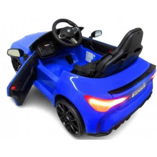 Masinuta electrica cu telecomanda BMW M4, 110x70x50 cm, varsta 1-5 ani, roti EVA, scaun din piele ECO, putere 90W - Albastru