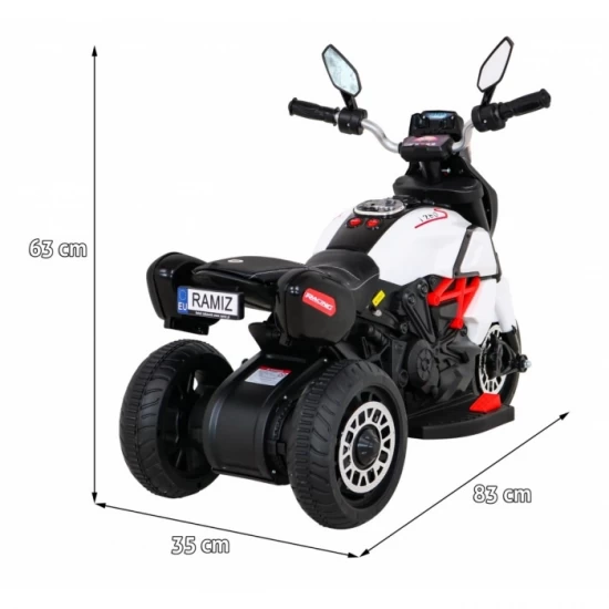 Motocicleta electrica Fast Tourist, roti din plastic, scaun tapitat, 83x35x63 cm, putere 18W - Alb Motocicleta electrica Fast Tourist, roti din plastic, scaun tapitat, 83x35x63 cm, putere 18W - Alb