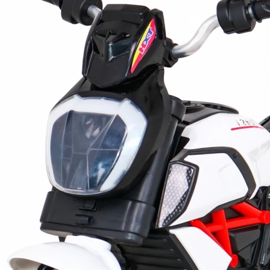Motocicleta electrica Fast Tourist, roti din plastic, scaun tapitat, 83x35x63 cm, putere 18W - Alb Motocicleta electrica Fast Tourist, roti din plastic, scaun tapitat, 83x35x63 cm, putere 18W - Alb
