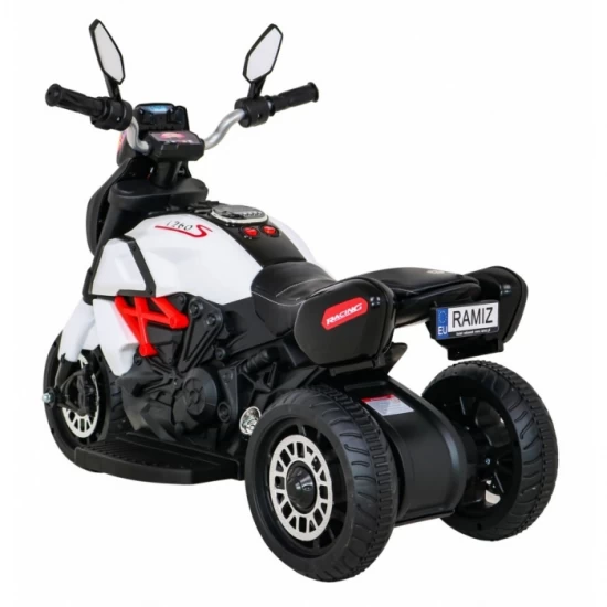 Motocicleta electrica Fast Tourist, roti din plastic, scaun tapitat, 83x35x63 cm, putere 18W - Alb Motocicleta electrica Fast Tourist, roti din plastic, scaun tapitat, 83x35x63 cm, putere 18W - Alb