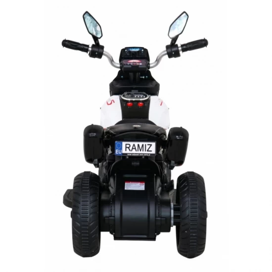 Motocicleta electrica Fast Tourist, roti din plastic, scaun tapitat, 83x35x63 cm, putere 18W - Alb Motocicleta electrica Fast Tourist, roti din plastic, scaun tapitat, 83x35x63 cm, putere 18W - Alb