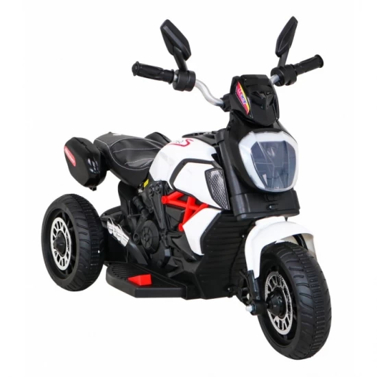 Motocicleta electrica Fast Tourist, roti din plastic, scaun tapitat, 83x35x63 cm, putere 18W - Alb Motocicleta electrica Fast Tourist, roti din plastic, scaun tapitat, 83x35x63 cm, putere 18W - Alb
