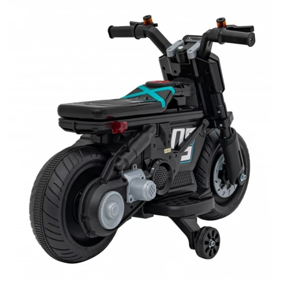 Motocicleta electrica Future QLS-805, roti din plastic + 2 roti ajutatoare, 88x46x56 cm, putere 25W - Negru Motocicleta electrica Future QLS-805, roti din plastic + 2 roti ajutatoare, 88x46x56 cm, putere 25W - Negru