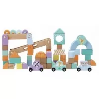 Set cuburi din lemn cu animalute si masini 60 piese Sun Baby