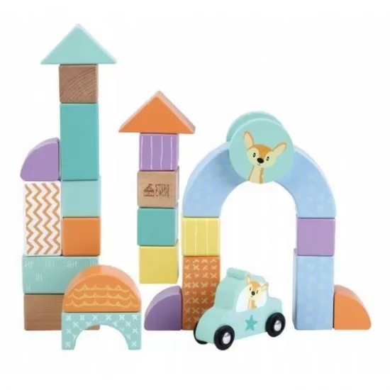 Set cuburi din lemn cu animalute si masini 60 piese Sun Baby