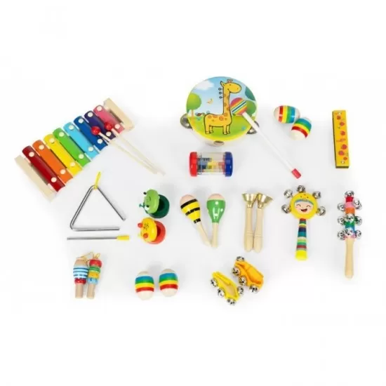 Set cu instrumente muzicale pentru copii din lemn, 14 instrumente, Ecotoys ESC-W-0243C Set cu instrumente muzicale pentru copii din lemn, 14 instrumente, Ecotoys ESC-W-0243C