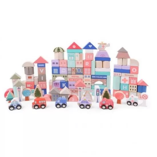 Set cuburi de constructii creative Ecotoys HM015220, din lemn, 115 blocuri Set cuburi de constructii creative Ecotoys HM015220, din lemn, 115 blocuri