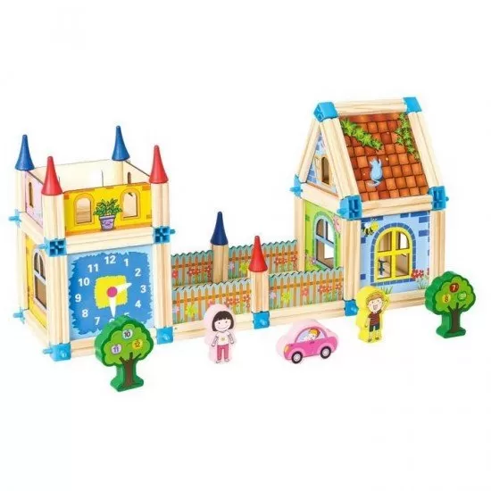 Set de constructii casa 6 in 1 din blocuri din lemn Ecotoys MA429 Set de constructii casa 6 in 1 din blocuri din lemn Ecotoys MA429