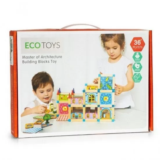 Set de constructii casa 6 in 1 din blocuri din lemn Ecotoys MA429 Set de constructii casa 6 in 1 din blocuri din lemn Ecotoys MA429
