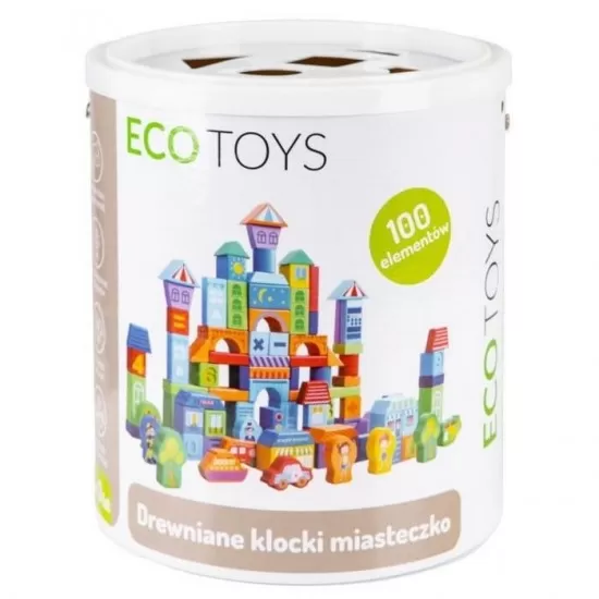Set educational cu blocuri din lemn 100 piese orasel Ecotoys Set educational cu blocuri din lemn 100 piese orasel Ecotoys