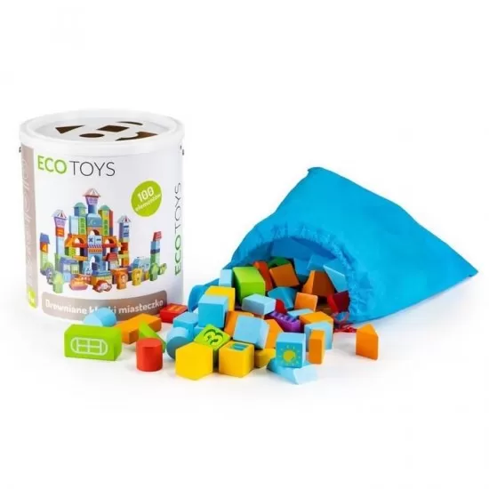 Set educational cu blocuri din lemn 100 piese orasel Ecotoys Set educational cu blocuri din lemn 100 piese orasel Ecotoys
