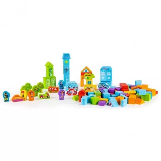 Set educational cu blocuri din lemn 100 piese orasel Ecotoys Set educational cu blocuri din lemn 100 piese orasel Ecotoys