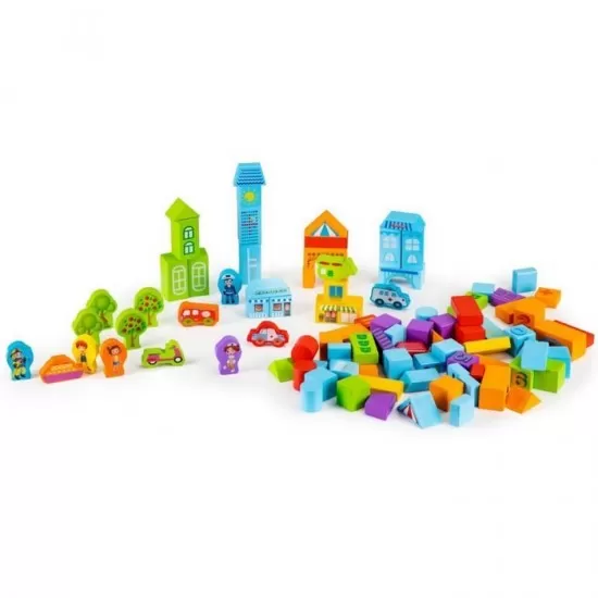 Set educational cu blocuri din lemn 100 piese orasel Ecotoys Set educational cu blocuri din lemn 100 piese orasel Ecotoys