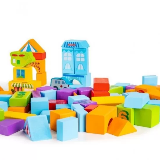 Set educational cu blocuri din lemn 100 piese orasel Ecotoys Set educational cu blocuri din lemn 100 piese orasel Ecotoys