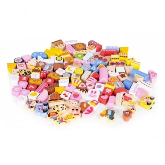 Set educational cu blocuri din lemn, 116 piese, Candy City Ecotoys ME433 Set educational cu blocuri din lemn, 116 piese, Candy City Ecotoys ME433