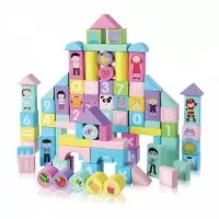 Set educational cu blocuri din lemn colorate 100 piese Ecotoys SR19002