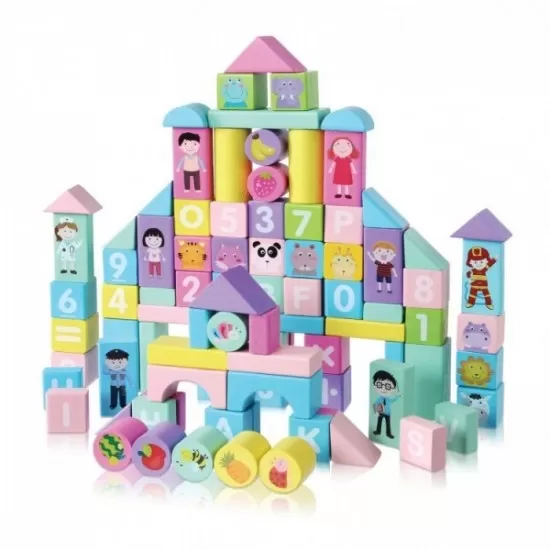 Set educational cu blocuri din lemn colorate 100 piese Ecotoys SR19002 Set educational cu blocuri din lemn colorate 100 piese Ecotoys SR19002