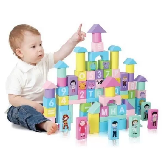 Set educational cu blocuri din lemn colorate 100 piese Ecotoys SR19002 Set educational cu blocuri din lemn colorate 100 piese Ecotoys SR19002