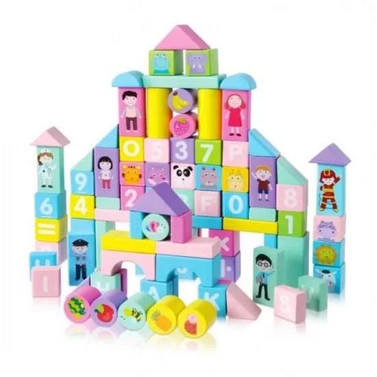Set educational cu blocuri din lemn colorate 100 piese Ecotoys SR19002 Set educational cu blocuri din lemn colorate 100 piese Ecotoys SR19002