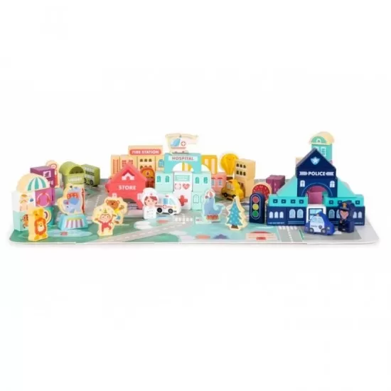 Set educational cu blocuri din lemn si covoras, 121 piese, City Ecotoys MA802 Set educational cu blocuri din lemn si covoras, 121 piese, City Ecotoys MA802