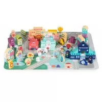 Set educational cu blocuri din lemn si covoras, 121 piese, City Ecotoys MA802