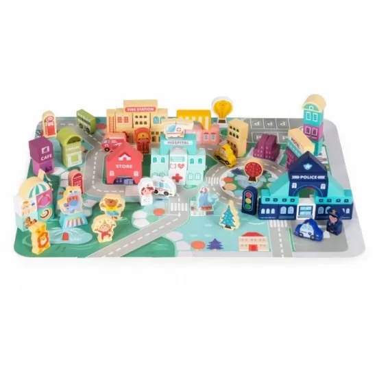 Set educational cu blocuri din lemn si covoras, 121 piese, City Ecotoys MA802 Set educational cu blocuri din lemn si covoras, 121 piese, City Ecotoys MA802