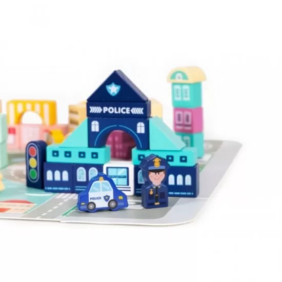 Set educational cu blocuri din lemn si covoras, 121 piese, City Ecotoys MA802 Set educational cu blocuri din lemn si covoras, 121 piese, City Ecotoys MA802