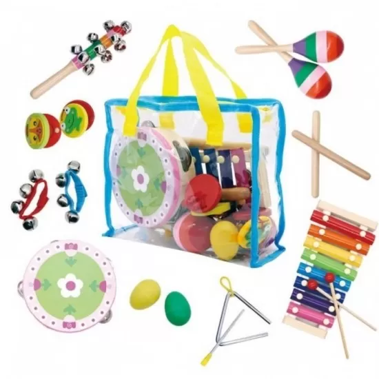 Set muzical din lemn cu 14 instrumente si geanta Ecotoys Set muzical din lemn cu 14 instrumente si geanta Ecotoys