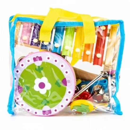 Set muzical din lemn cu 14 instrumente si geanta Ecotoys Set muzical din lemn cu 14 instrumente si geanta Ecotoys