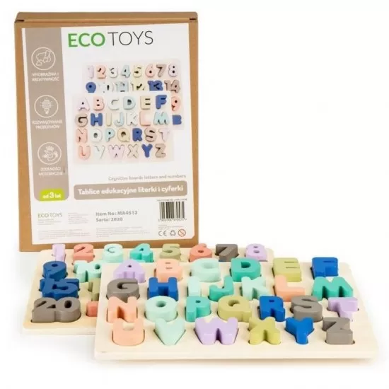 Tabla educationala din lemn cu cifre si litere - 51 de elemente Ecotoys MA4512 Tabla educationala din lemn cu cifre si litere - 51 de elemente Ecotoys MA4512