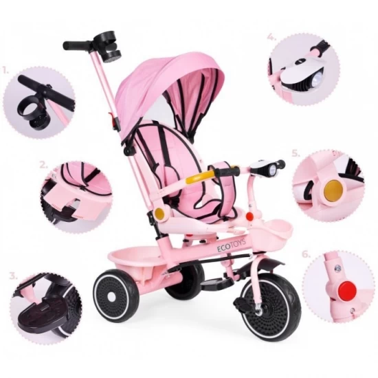 Tricicleta 2 in 1 pentru copii, scaun rotativ 360°, roti din spuma EVA, Ecotoys WQL-066-18 - Roz Tricicleta 2 in 1 pentru copii, scaun rotativ 360°, roti din spuma EVA, Ecotoys WQL-066-18 - Roz