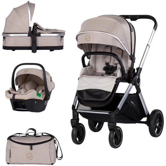 Carucior copii 3 in 1 cu landou, scaun auto, geanta mamici Chipolino Euphoria Latte