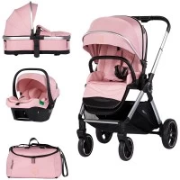 Carucior copii 3 in 1 cu landou, scaun auto, geanta mamici Chipolino Euphoria Powder Pink