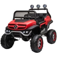 Masinuta electrica Chipolino OffRoad Mercedes Unimog cu telecomanda, scaun din piele, roti EVA, deschidere usi, rosu