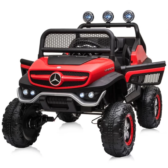Masinuta electrica Chipolino OffRoad Mercedes Unimog cu telecomanda, scaun din piele, roti EVA, deschidere usi, rosu