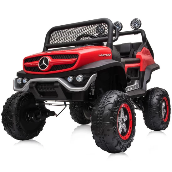Masinuta electrica Chipolino OffRoad Mercedes Unimog cu telecomanda, scaun din piele, roti EVA, deschidere usi, rosu