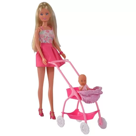 Papusa Simba Steffi Love Baby Walk 29 cm roz cu carucior si accesorii Papusa Simba Steffi Love Baby Walk 29 cm roz cu carucior si accesorii