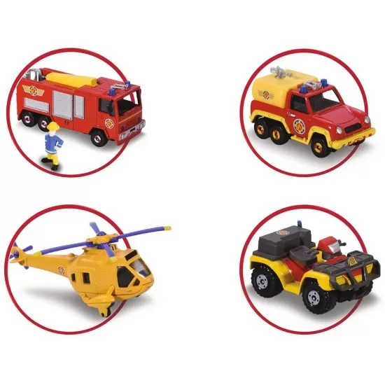 Pista de masini Dickie Toys Fireman Sam Rescue Team Sam Fire cu 3 masinute, 1 elicopter si o figurina