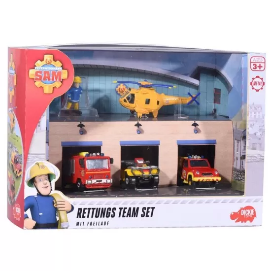 Pista de masini Dickie Toys Fireman Sam Rescue Team Sam Fire cu 3 masinute, 1 elicopter si o figurina